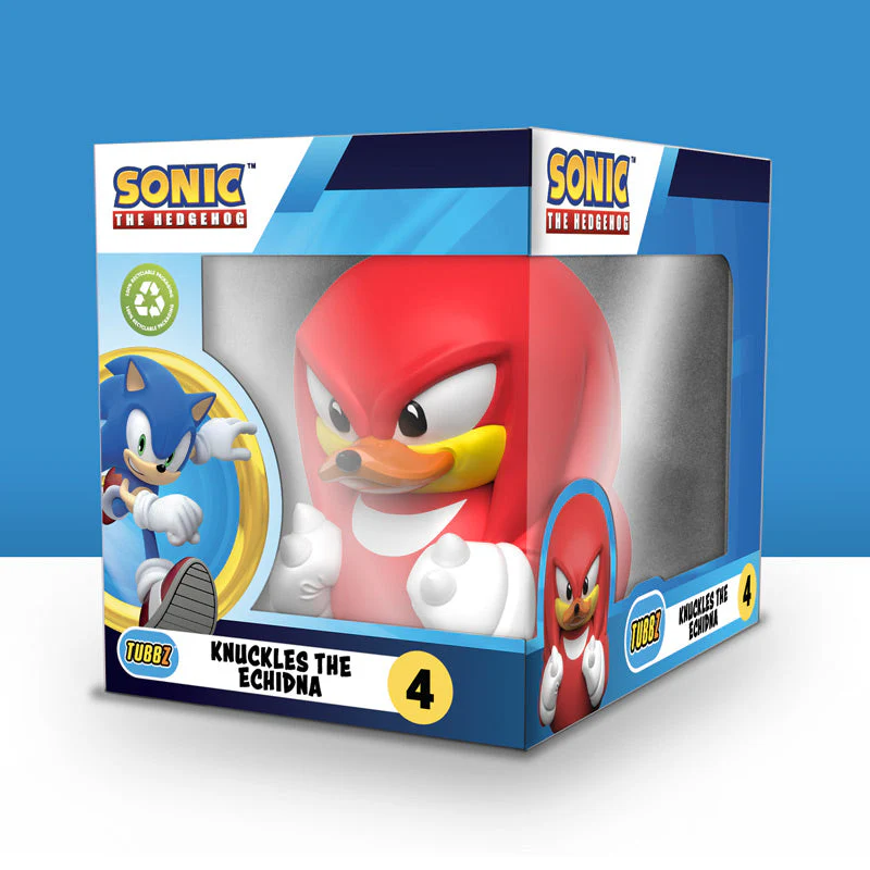 Egy Knuckles the Echidna gumikacsa dobozban Sonic the Hedgehoggal.