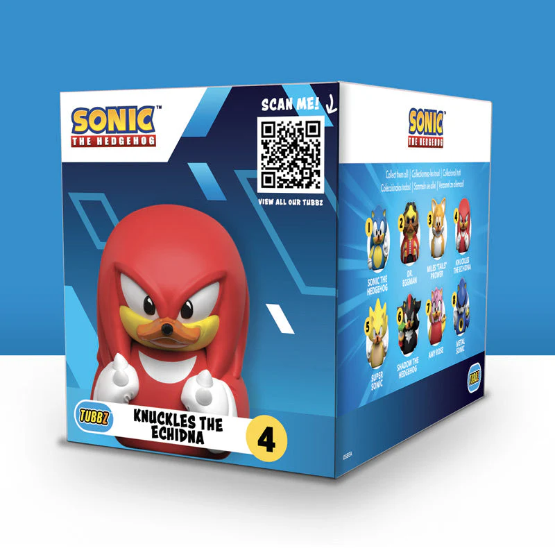 A 'Sonic the Hedgehog' TUBBZ gyűjthető doboza. Knuckles figura látható. Kék háttér.