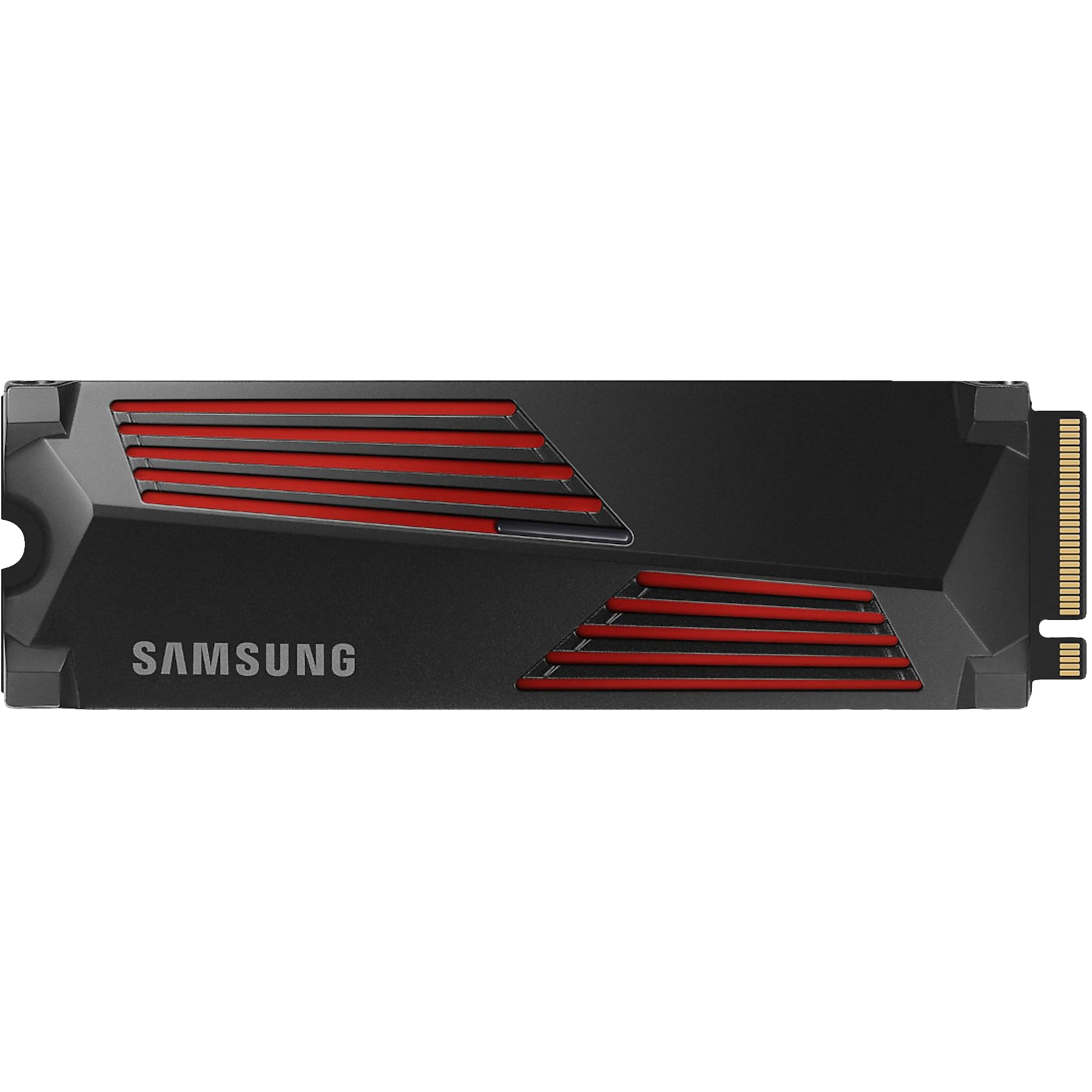 Czarny dysk SSD NVMe Samsung z czerwonymi akcentami. Urządzenie prostokątne, na czarnym tle.