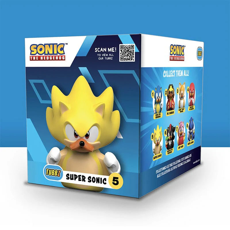Sonic a sündisznó figura egy dobozban. A doboz kék, más karakterek képeivel.