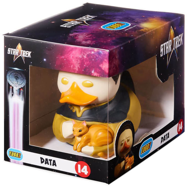 Star Trek Data kacsa dobozban, macskafigurával. A doboz Star Trek vizuálokat mutat.