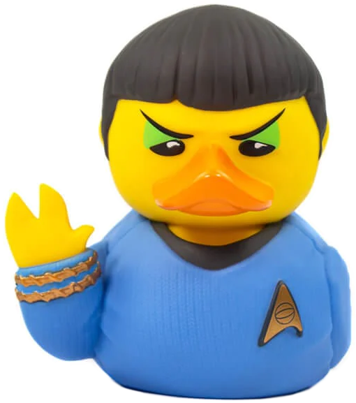 Star Trek kacsa játék Spocknak öltözve, sárga testtel, fekete hajjal és kék egyenruhával.