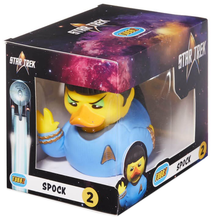 Spock Star Trek TUBBZ figura egy dobozban, vulkáni kézmozdulattal.
