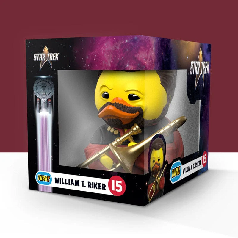 William T. Riker Star Trek TUBBZ figura egy dobozban, trombitával a kezében.
