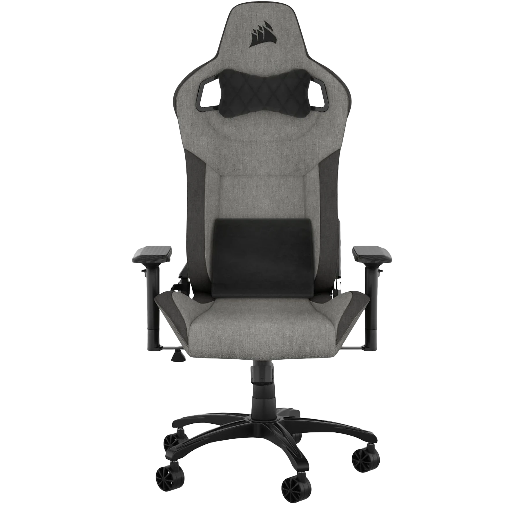 Szary i czarny fotel gamingowy, widok z przodu. Zagłówek i podparcie lędźwi, na czarnym tle.