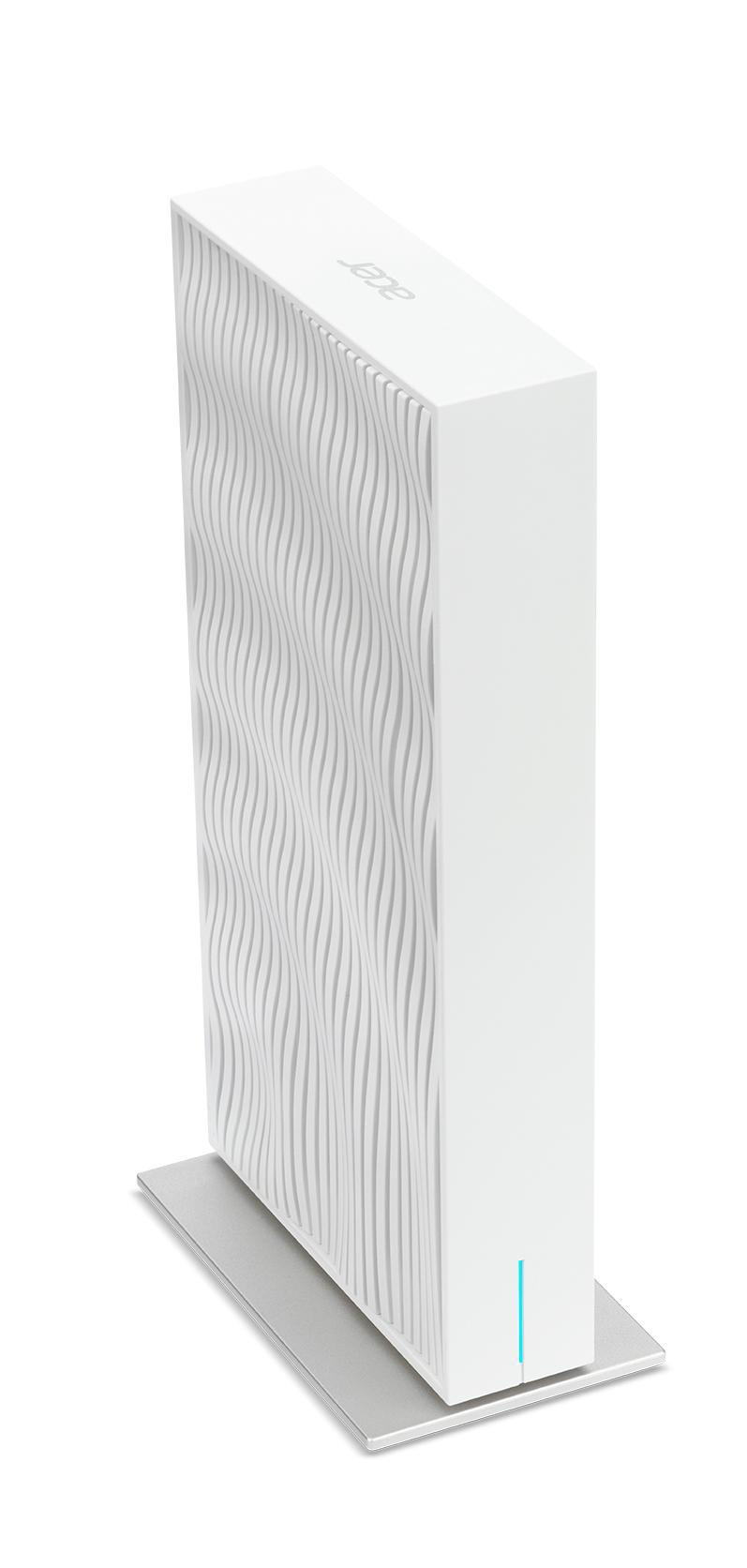 Weißer, vertikaler Computerturm mit wellenförmigem Design, auf einem silbernen Ständer, weißer Hintergrund.