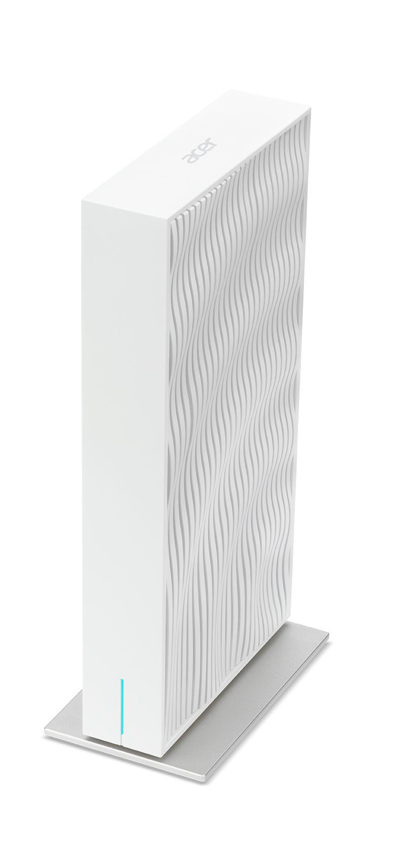 Ein weißer Acer-Router, der auf einem silbernen Ständer steht.