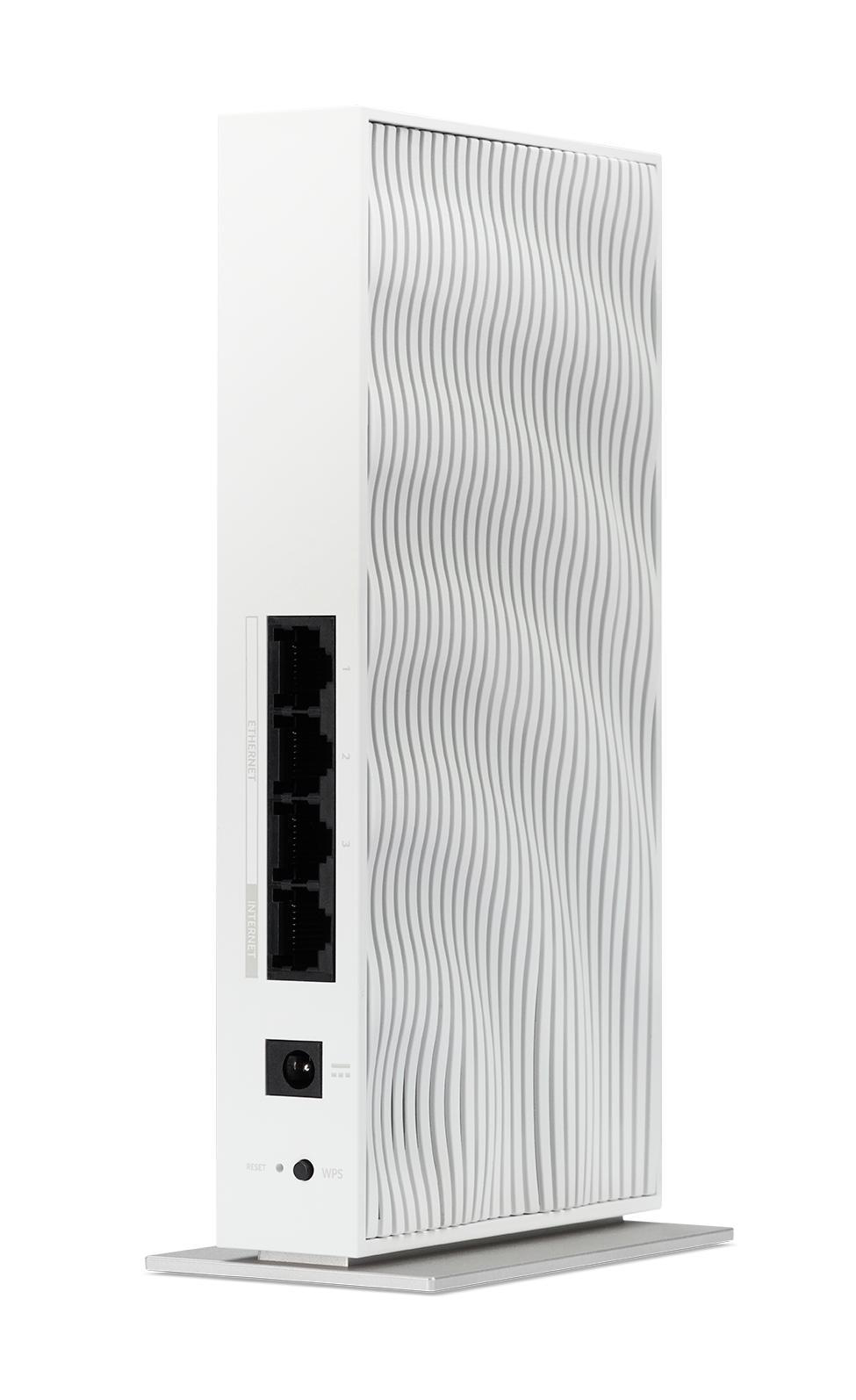 Weißer Router auf einem Ständer mit strukturierter Seite und Anschlüssen für Ethernet und Strom.