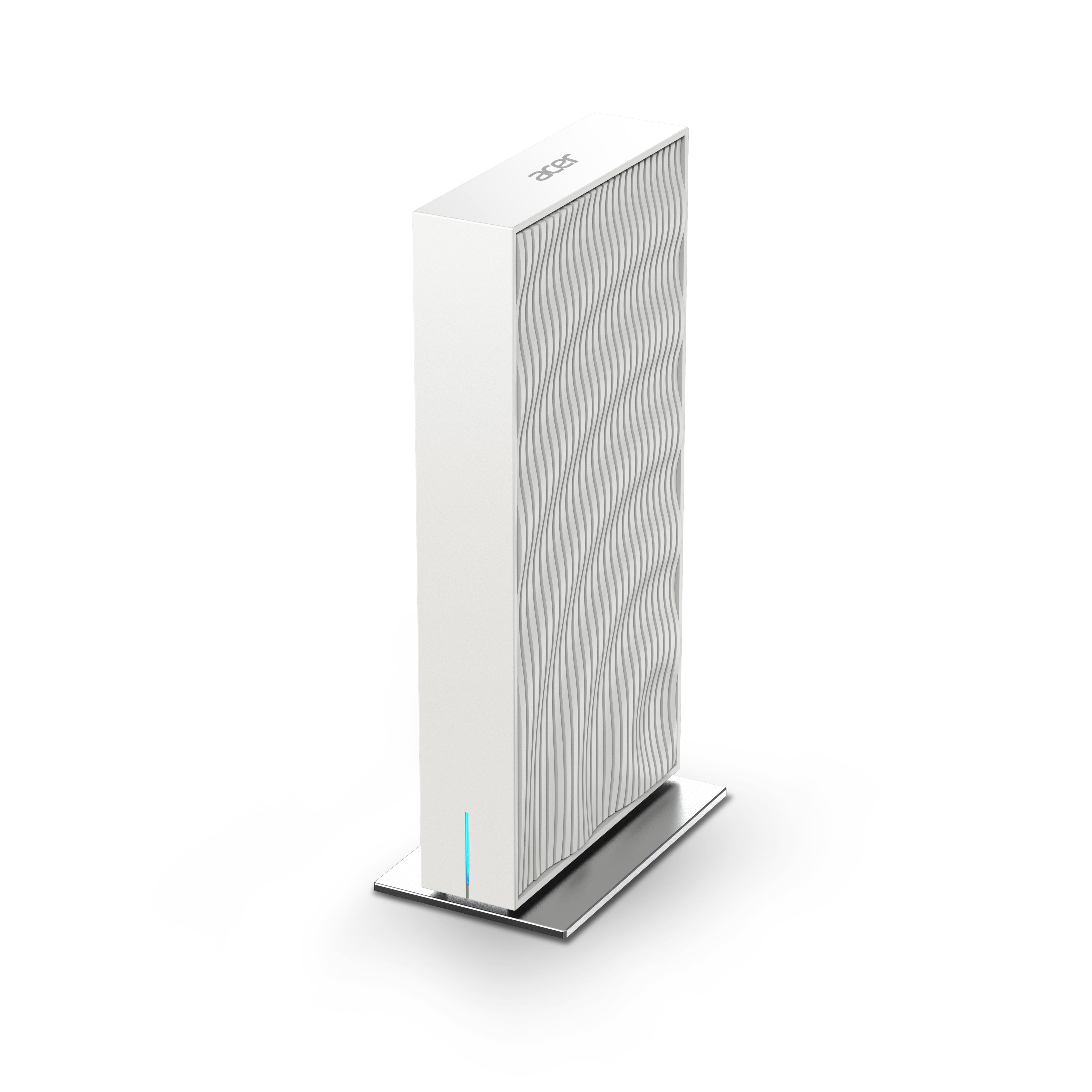 Ein weißer Acer-Router, der auf einem silbernen Ständer steht.