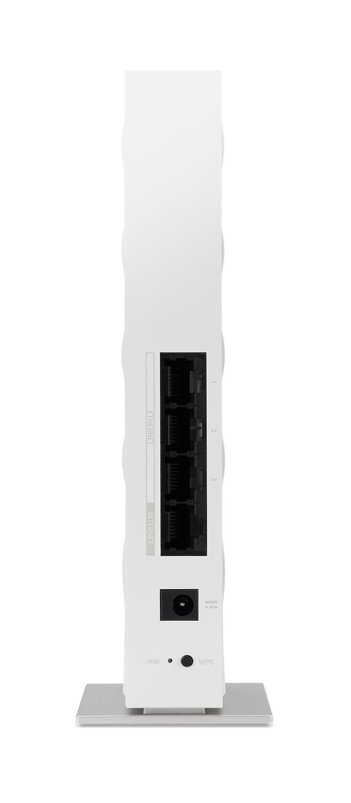 Ein weißer Router mit Anschlüssen und einem silbernen Sockel, von hinten gesehen.
