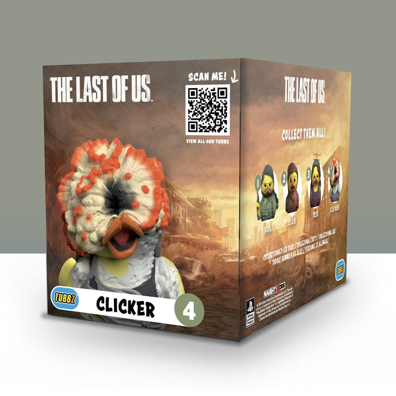 Clicker figura a The Last of Us-ból, dobozban más karakterekkel és játék információkkal.