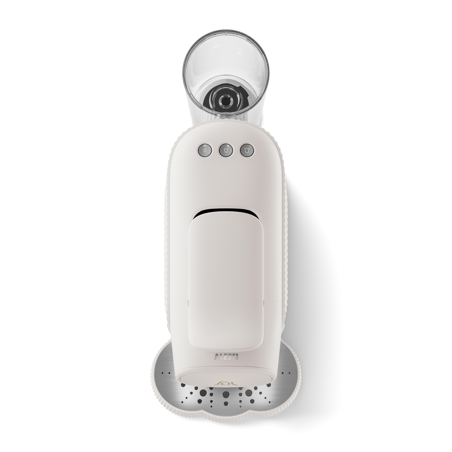 Witte koffiemachine met een doorzichtige glazen container erop, tegen een witte achtergrond.