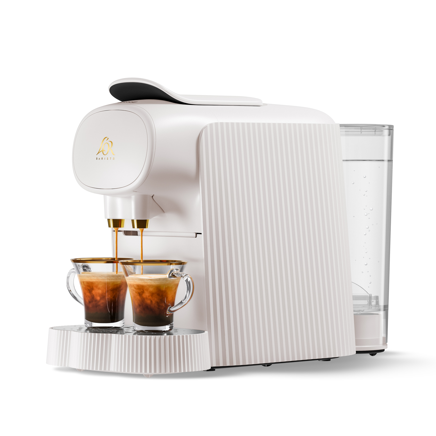Witte koffiemachine met twee glazen die zich vullen met koffie. Transparante watercontainer rechts.