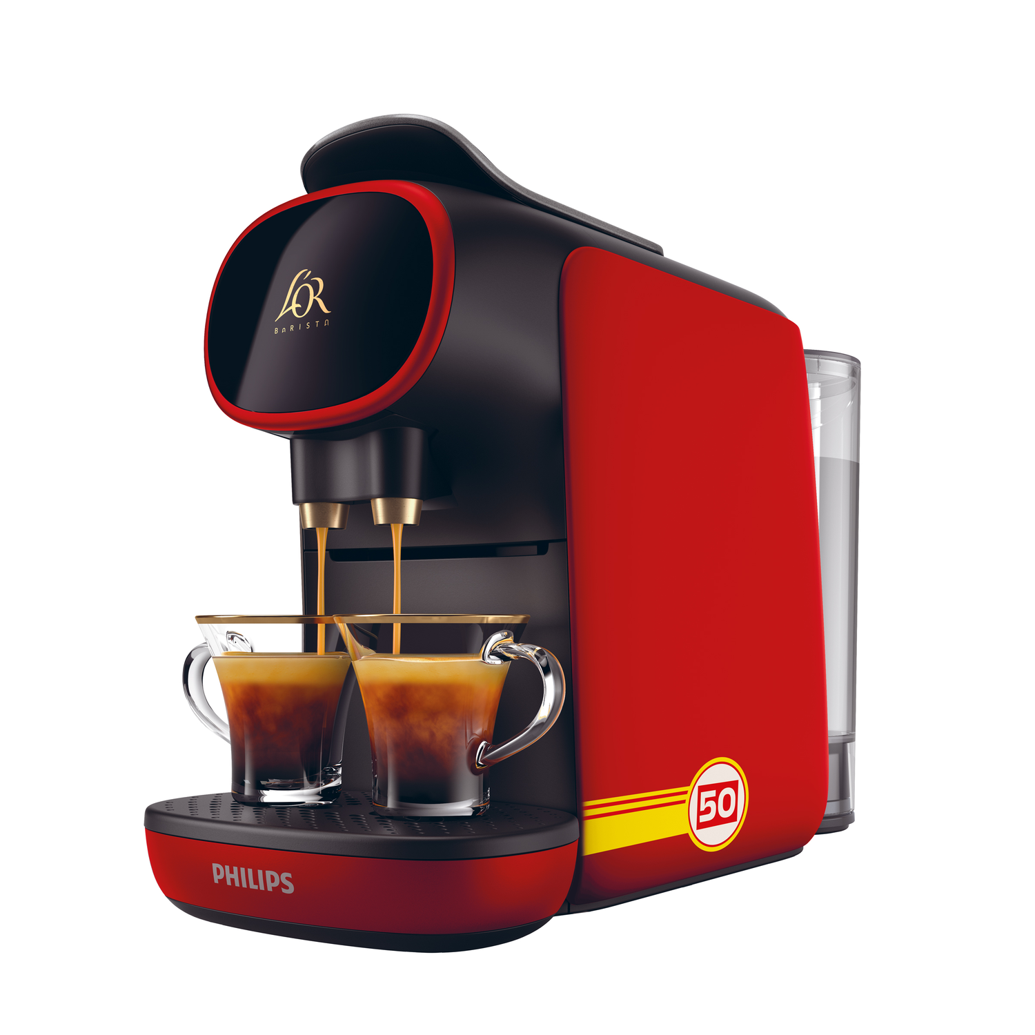 A red and black coffee machine with two cups of coffee.