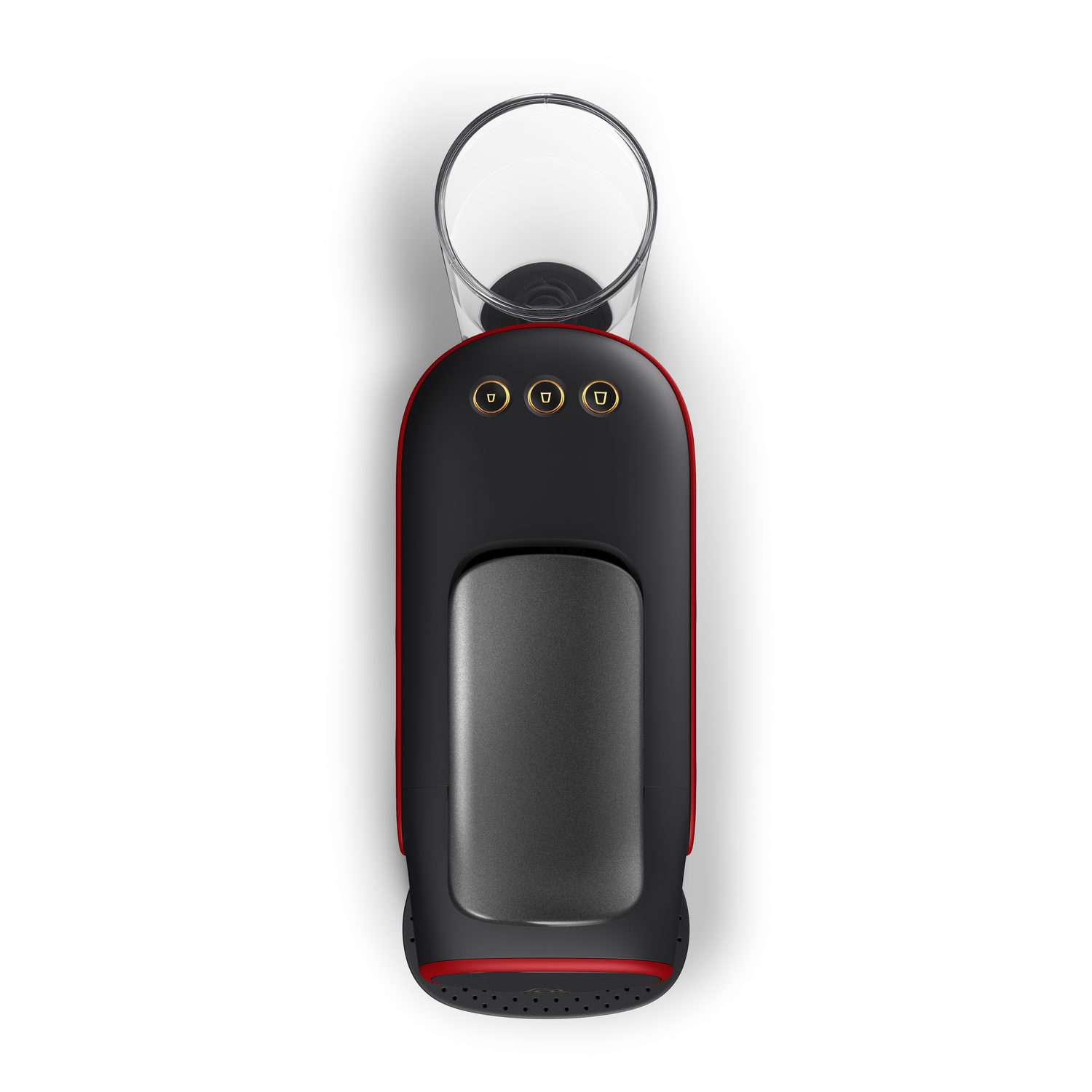 An overhead shot of a black and red espresso machine with a glass on top and three illuminated buttons.