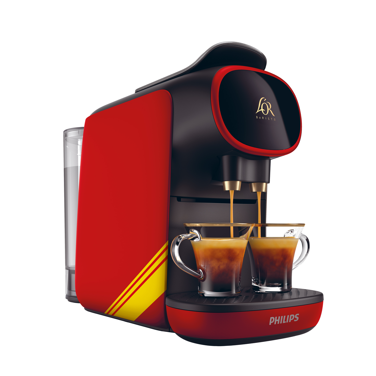 Red and black coffee machine with two glass cups, dispensing coffee. White background.