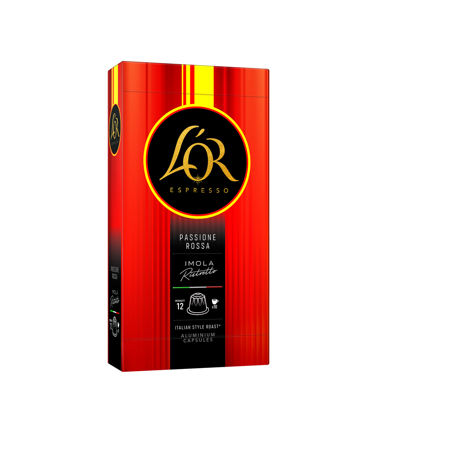 A red coffee capsule box labeled 'L'OR Espresso' with 'Passione Rossa' and 'Imola'.