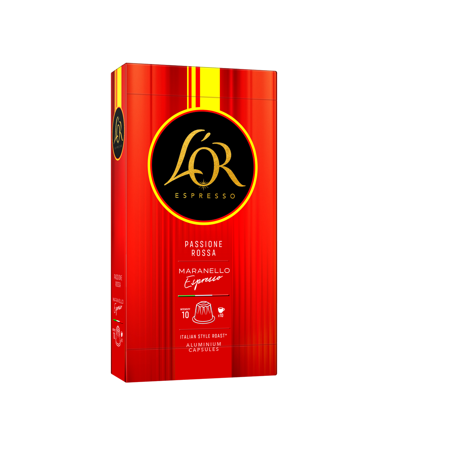 Red L'OR Espresso box with gold accents. Text: 'Passione Rossa'. Italian style roast, aluminium capsules.