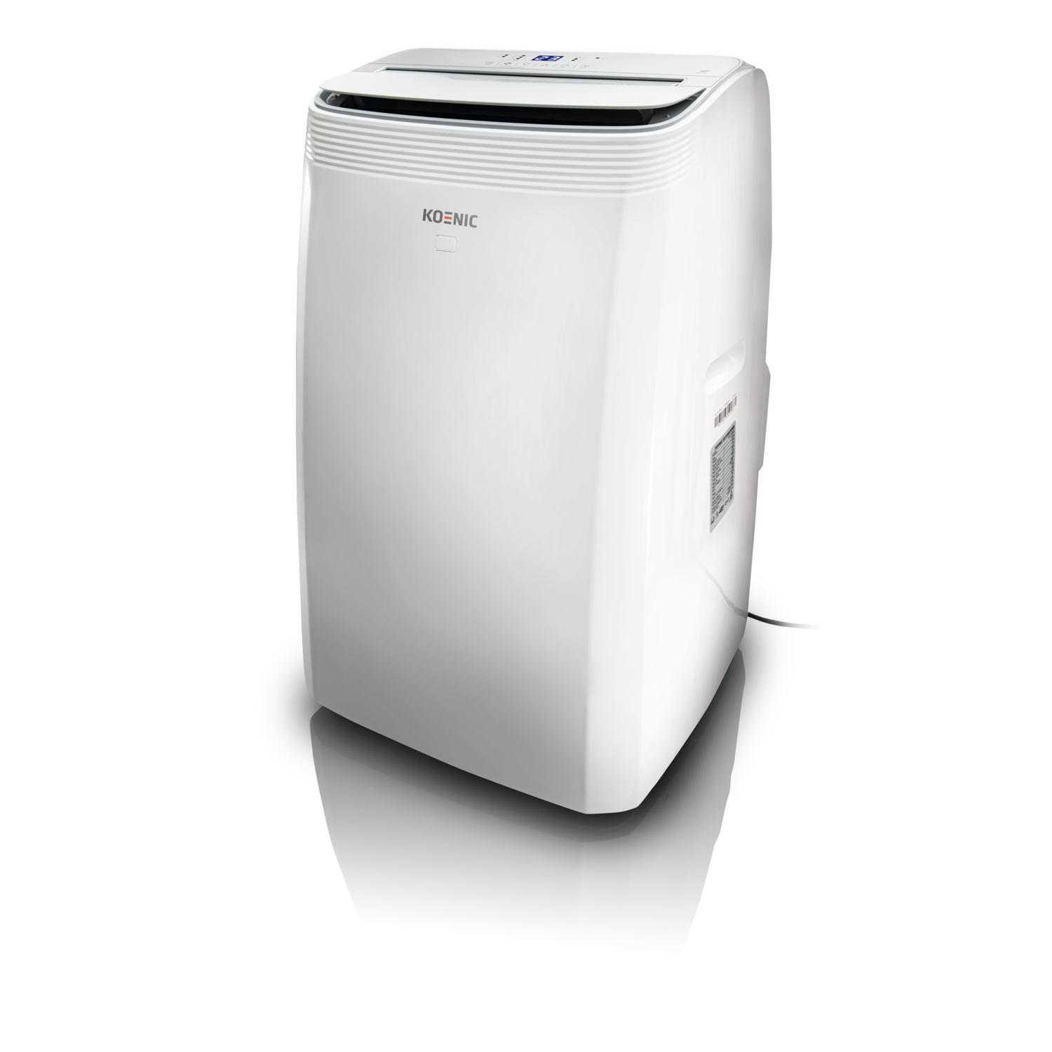 White air conditioner standing on a reflective surface in a dark environment.