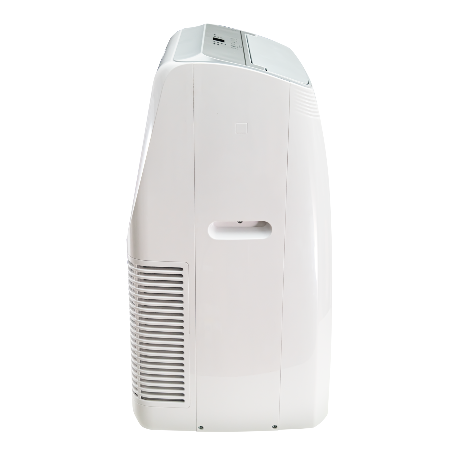 White portable air conditioner. The back side is visible, with vents, and a handle.