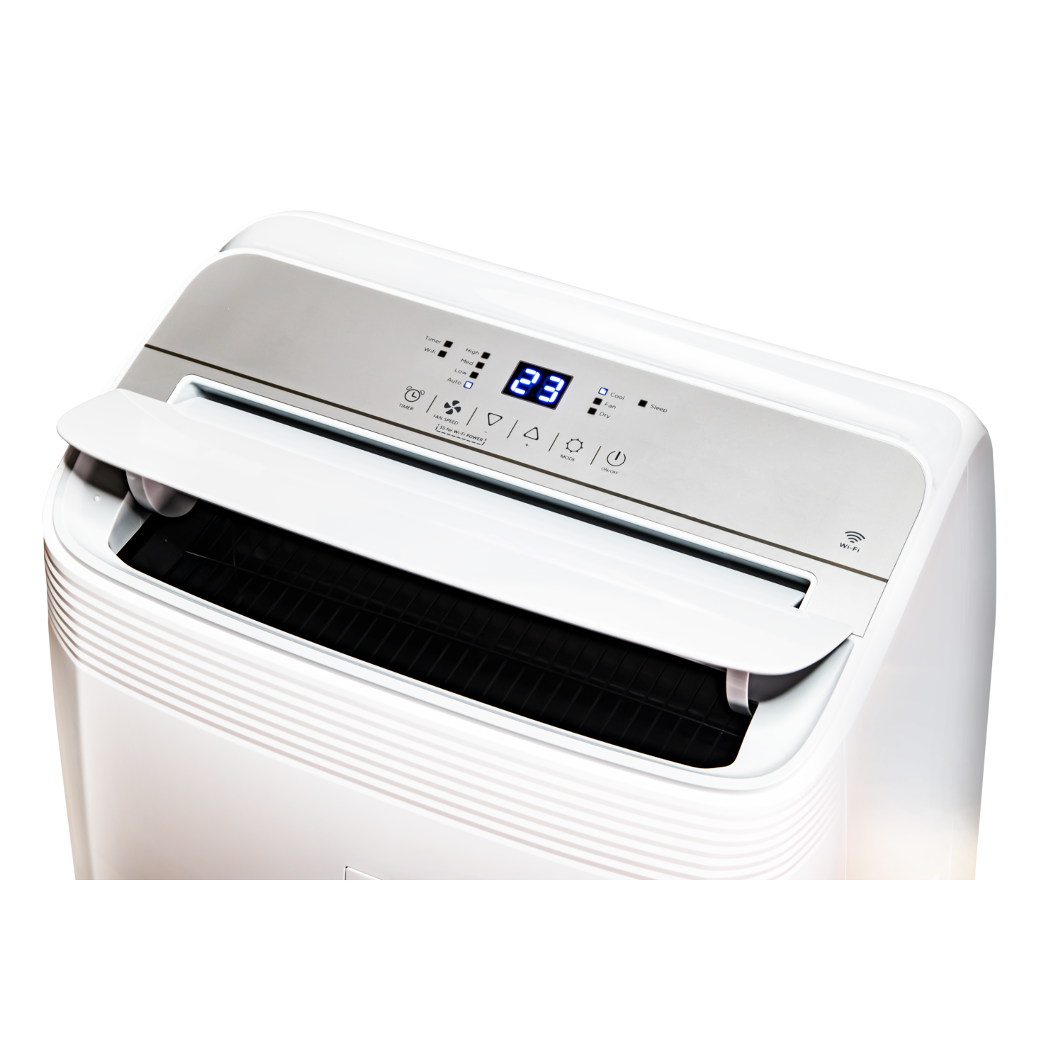 White and silver air purifier with digital display showing '23'. Black background.