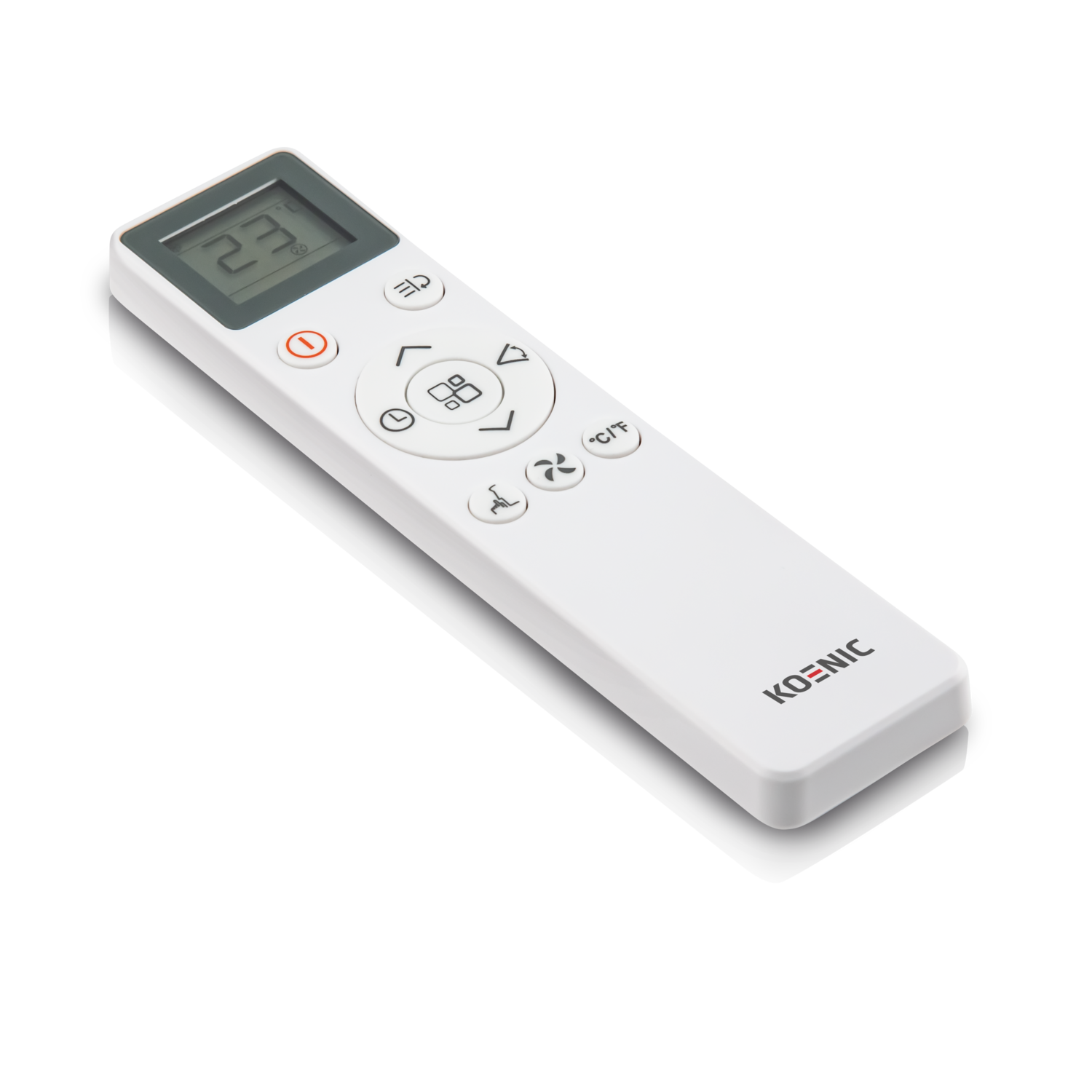 White Koenic remote control with digital display showing 23 degrees. Buttons for various functions.