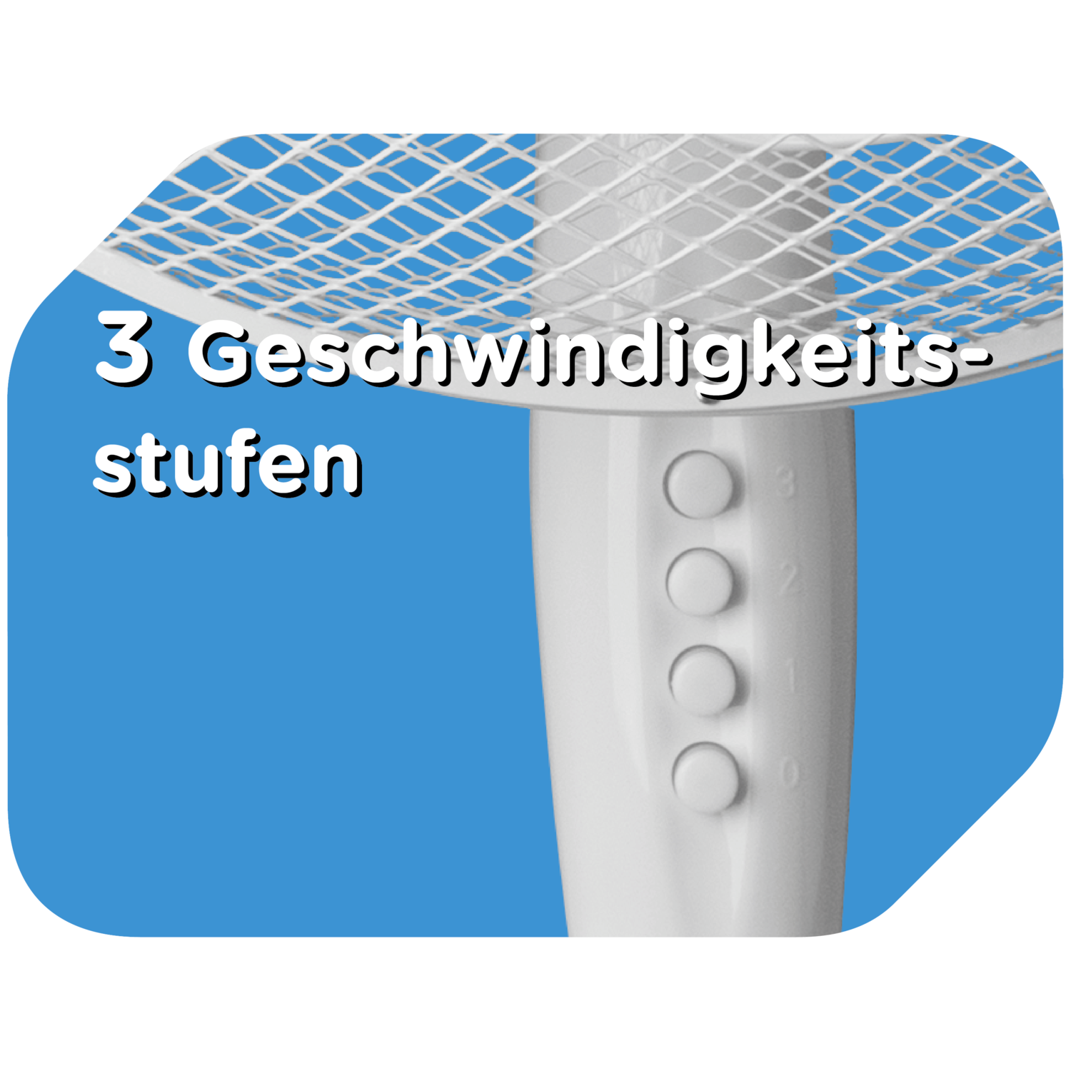 Close-up of a white fan with three speed settings labeled on the side.