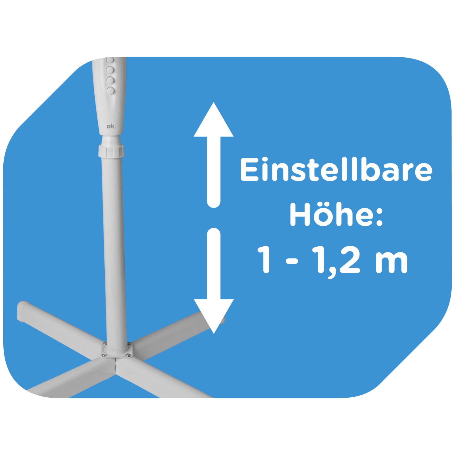 A blue square with the words "Adjustable height: 1 - 1,2 m" written in white.