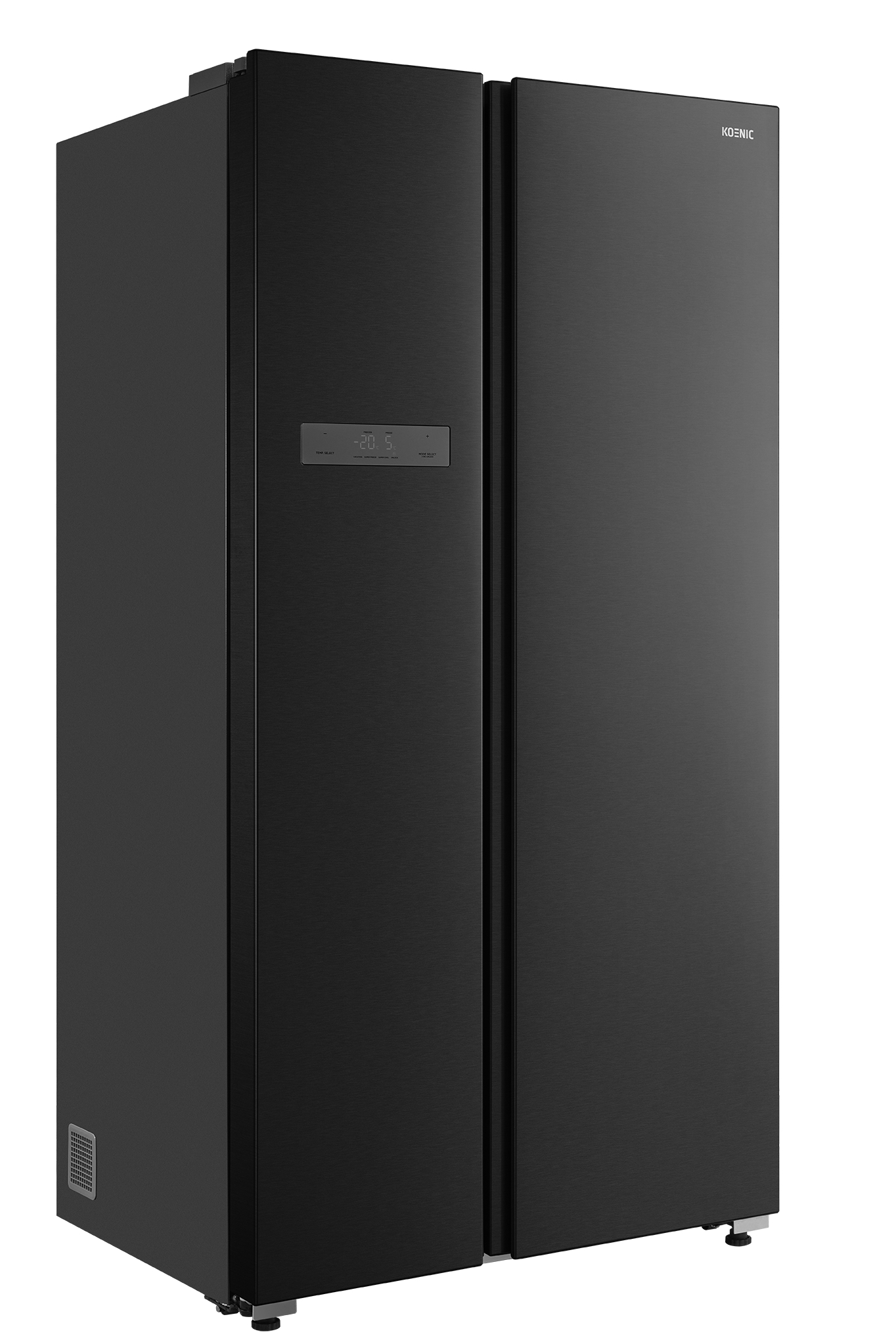 Ein schwarzer Side-by-Side-Kühlschrank mit digitaler Anzeige an der linken Tür.