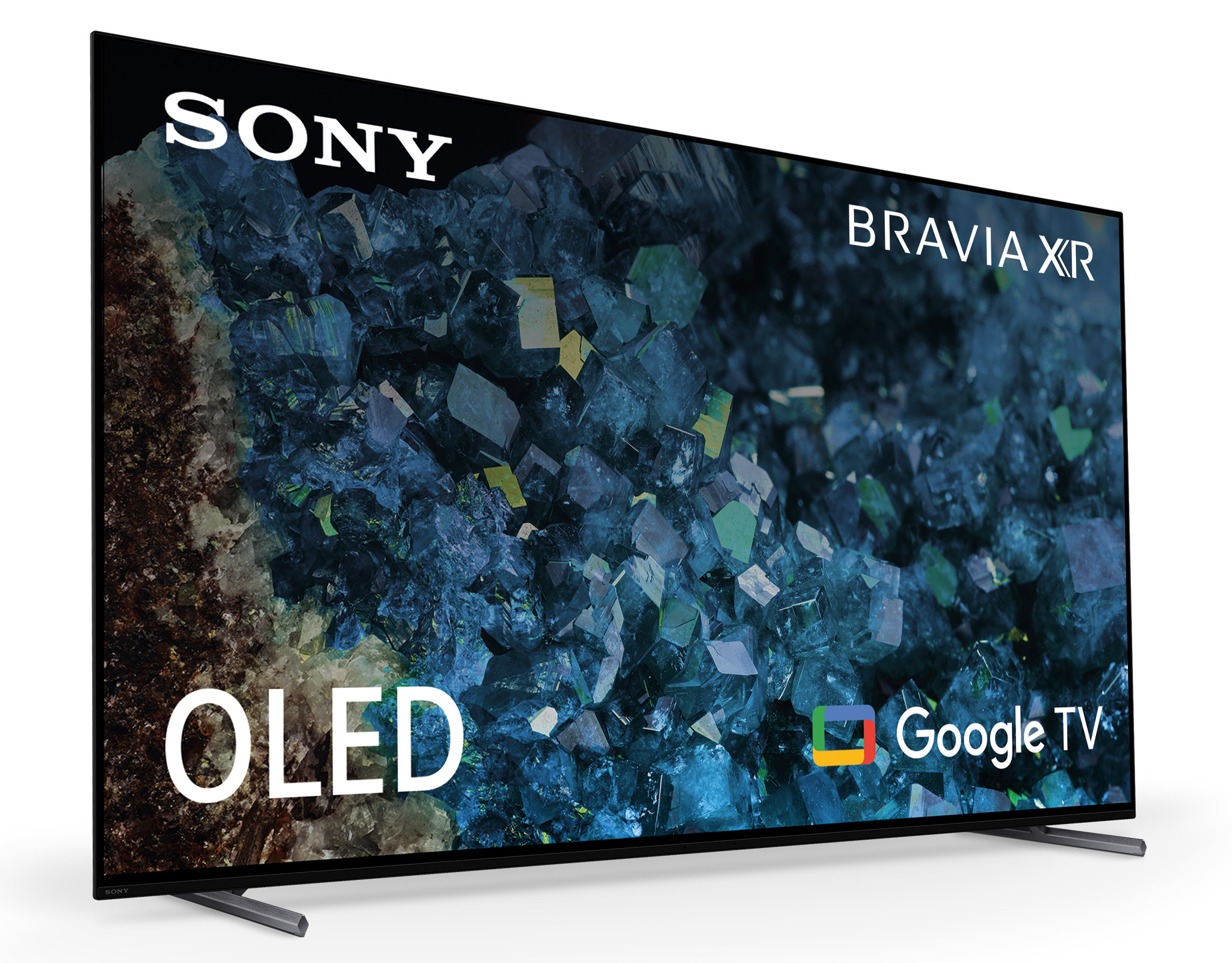 Telewizor Sony Bravia XR OLED Google TV z niebiesko-zielonym abstrakcyjnym obrazem na ekranie.