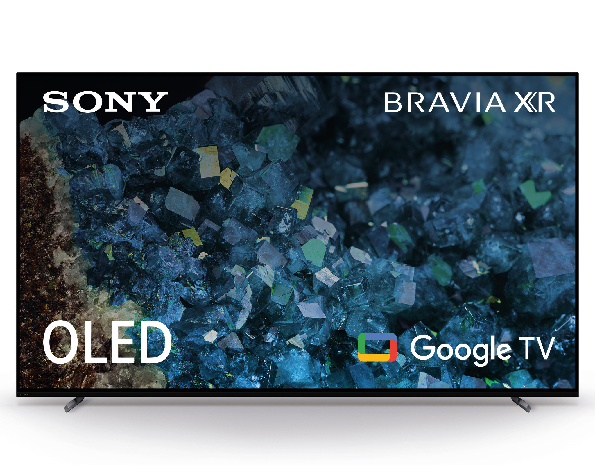 Duży czarny ekran telewizora z logo Sony i Bravia XR oraz niebieskim abstrakcyjnym obrazem.