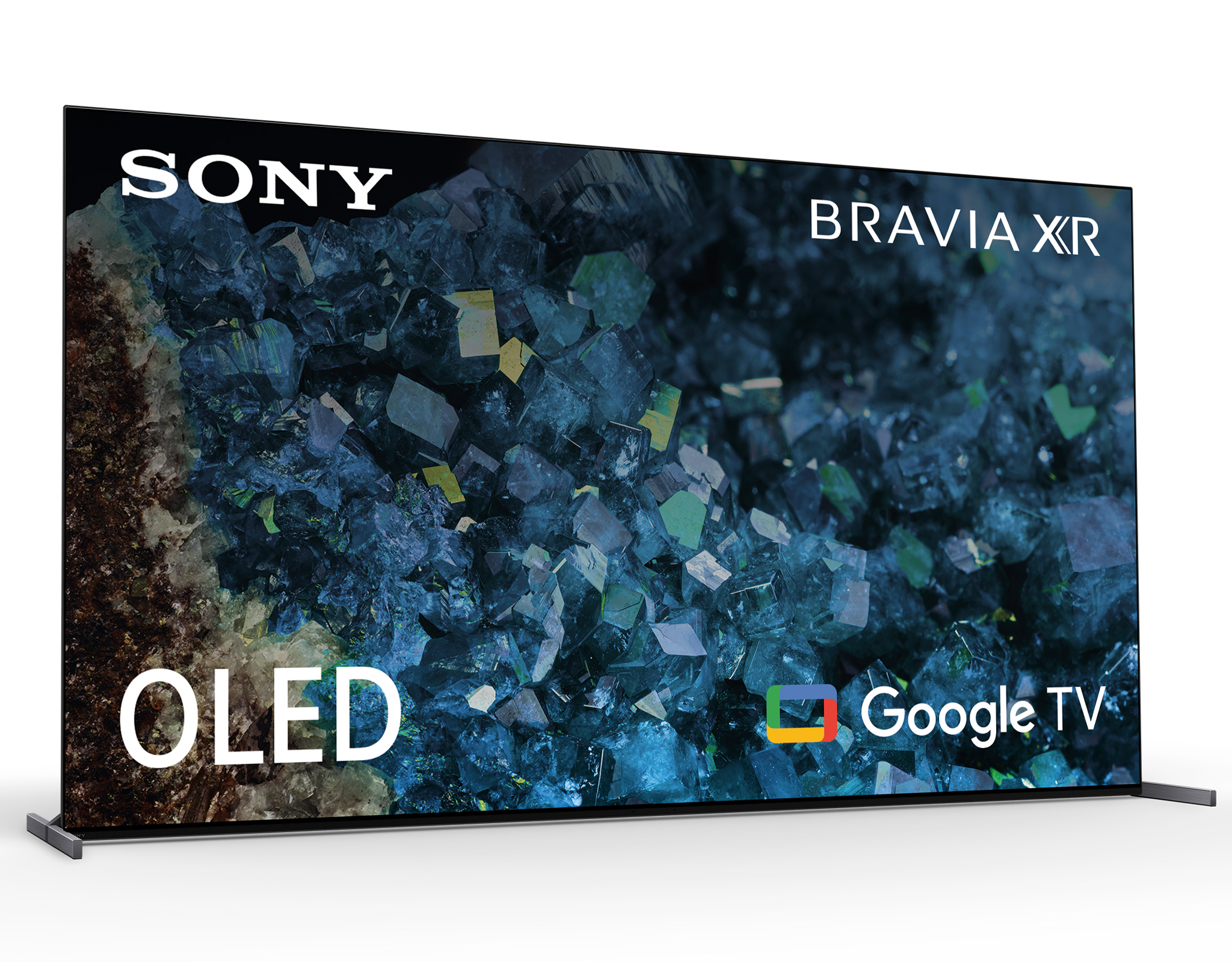 Duży telewizor Sony OLED Google TV na białym tle.