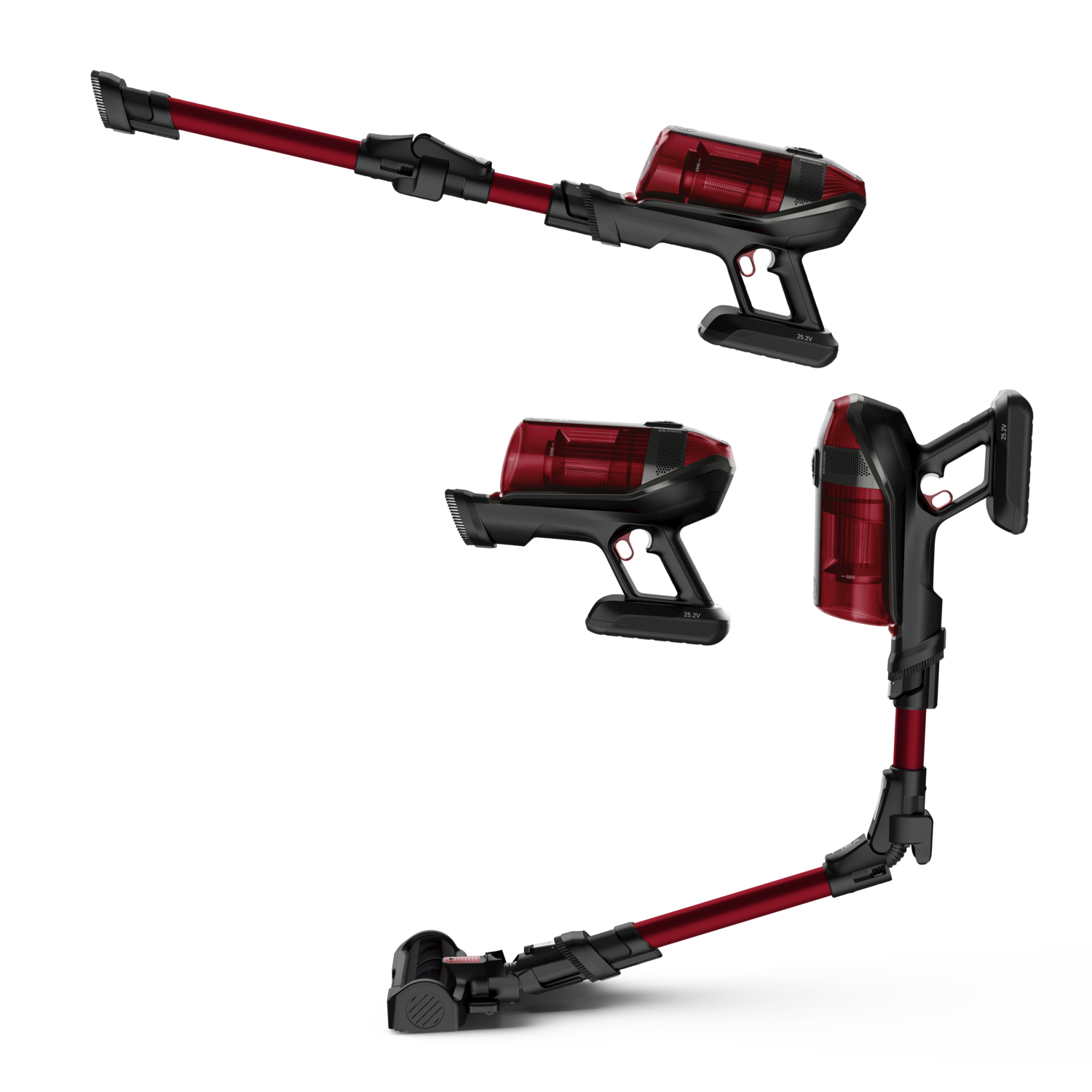 A disassembled red and black vacuum cleaner with parts on a dark background.