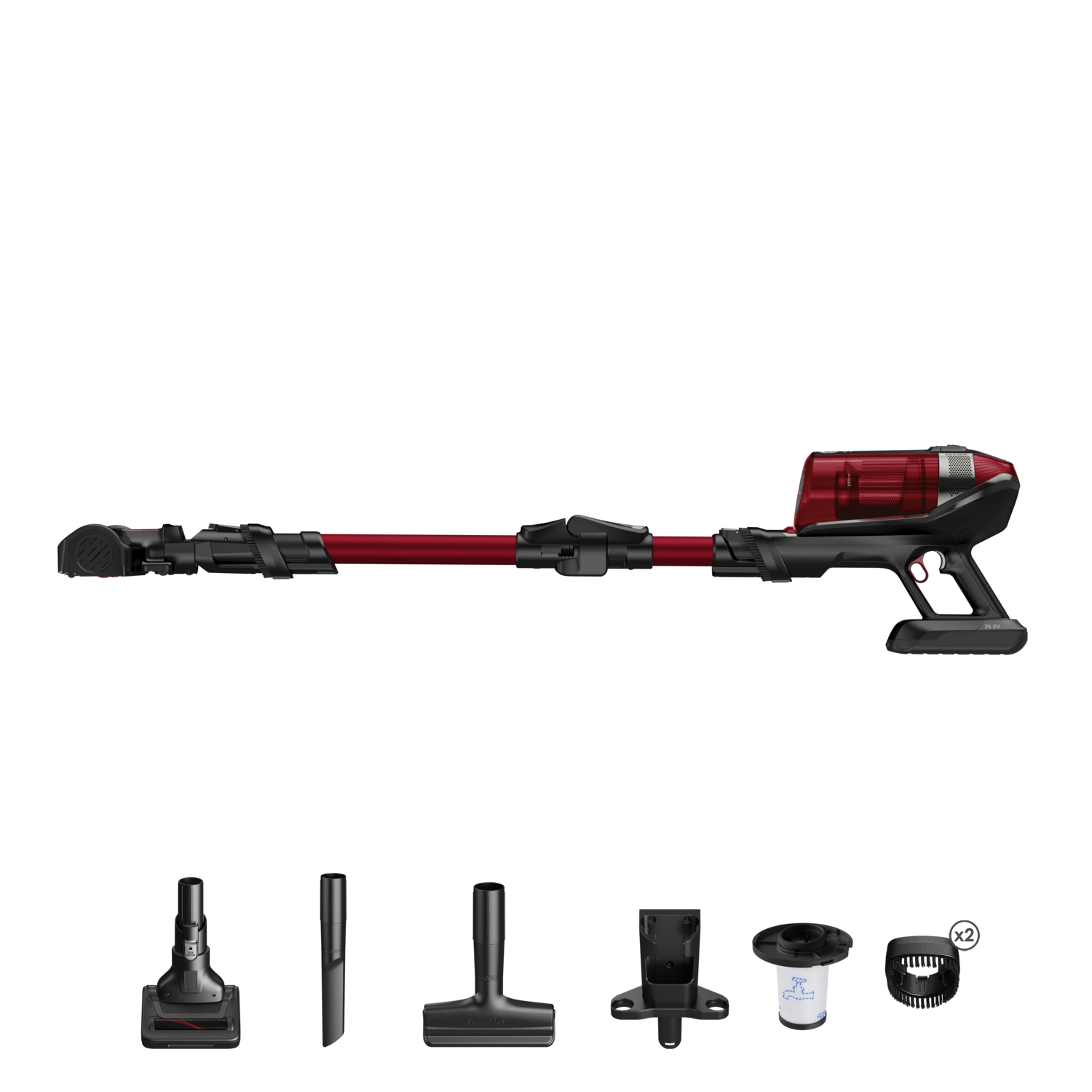 A cordless vacuum cleaner with red and black components, plus various attachments on a black background.