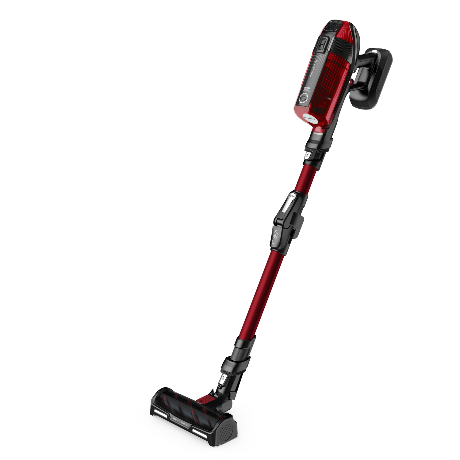 A red and black cordless vacuum cleaner is angled, on a white background, showing the handle and head.