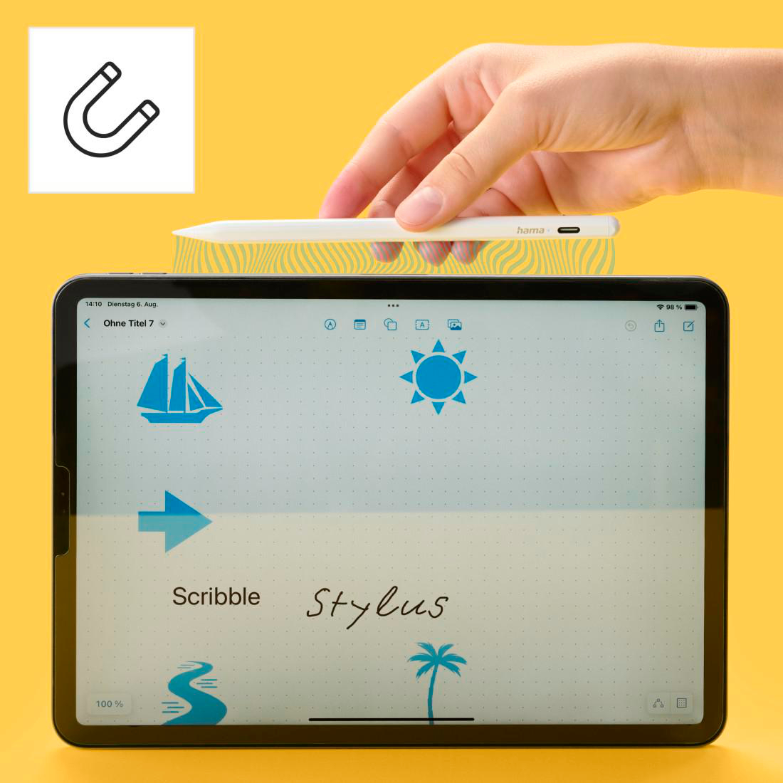 Ein weißer Stift wird über einem Tablet gehalten, das Symbole und Text anzeigt.