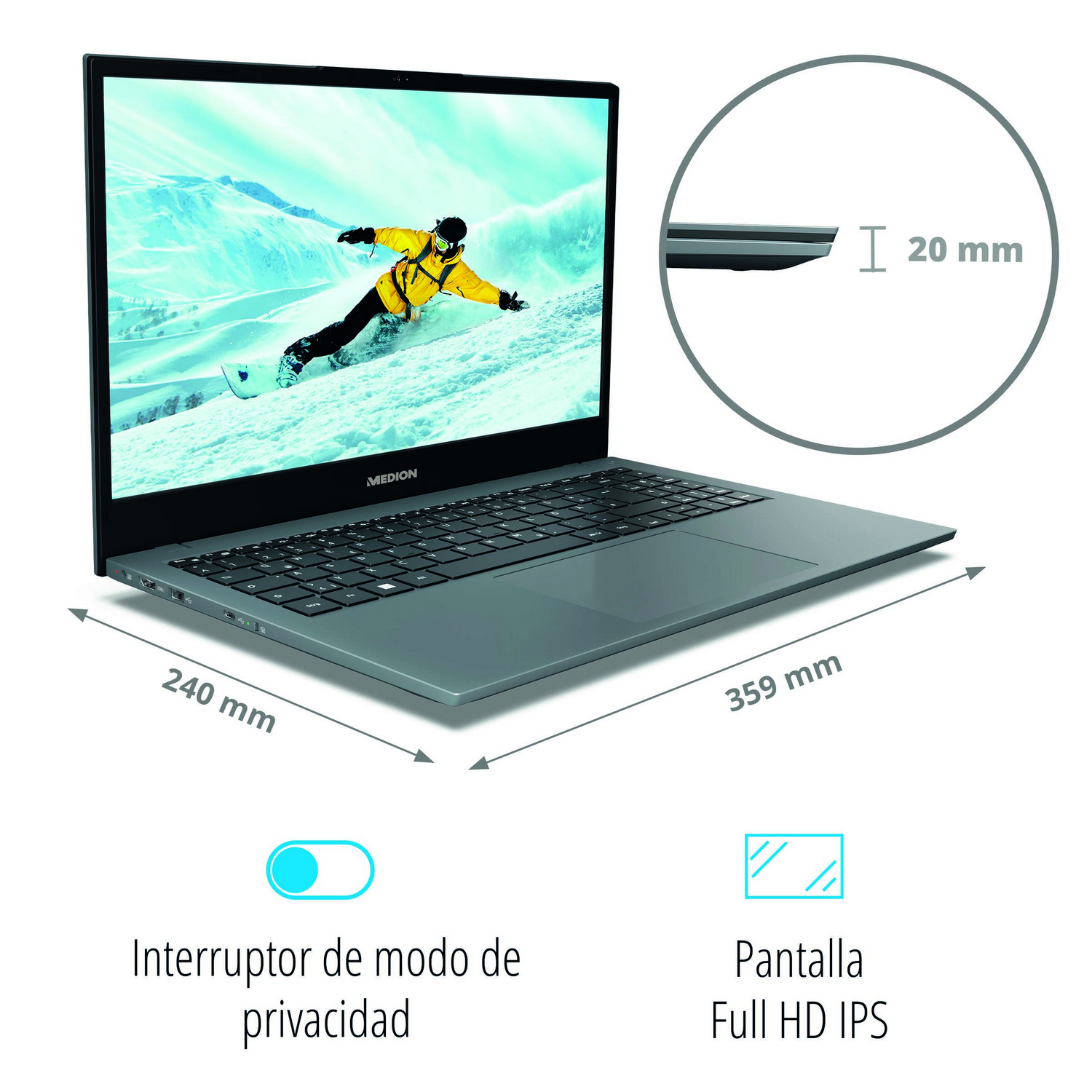 Ordenador portátil con pantalla que muestra un esquiador, dimensiones y otros detalles presentados.