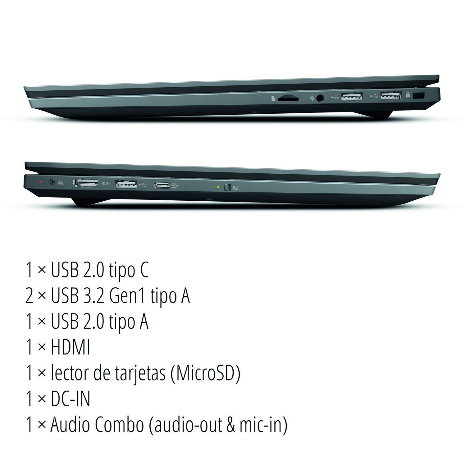 Portátil con puertos. Los puertos USB, HDMI y otros están etiquetados. Se muestran dos portátiles.