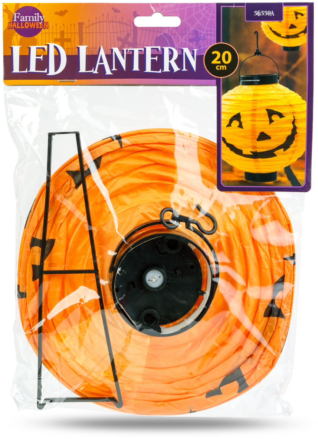 Halloween lámpás egy műanyag zacskóban. Narancssárga, fekete kivágásokkal. Egy kisebb lámpás a jobb felső sarokban.