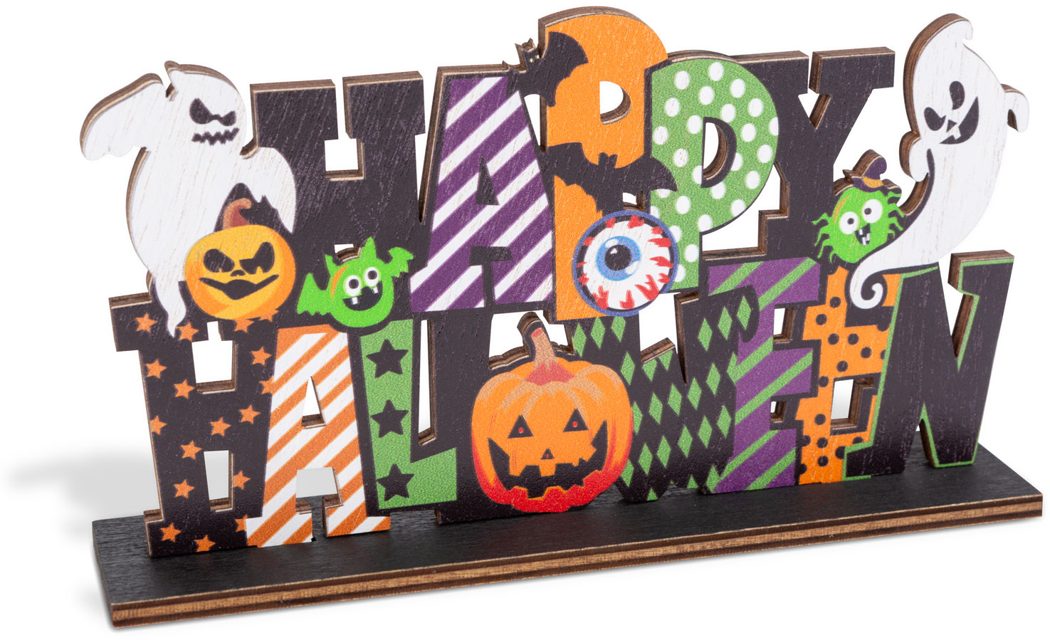 Egy Halloween dekoráció a "HAPPY HALLOWEEN" felirattal. Kísérteteket, tököket és denevéreket tartalmaz.