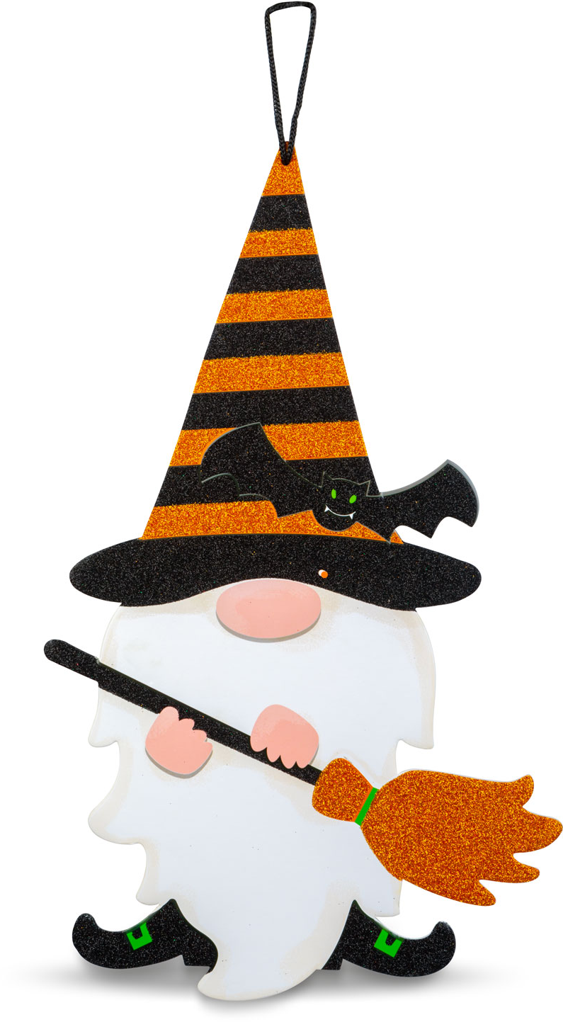 Halloween-i gnóm dekoráció fekete-narancssárga kalappal.