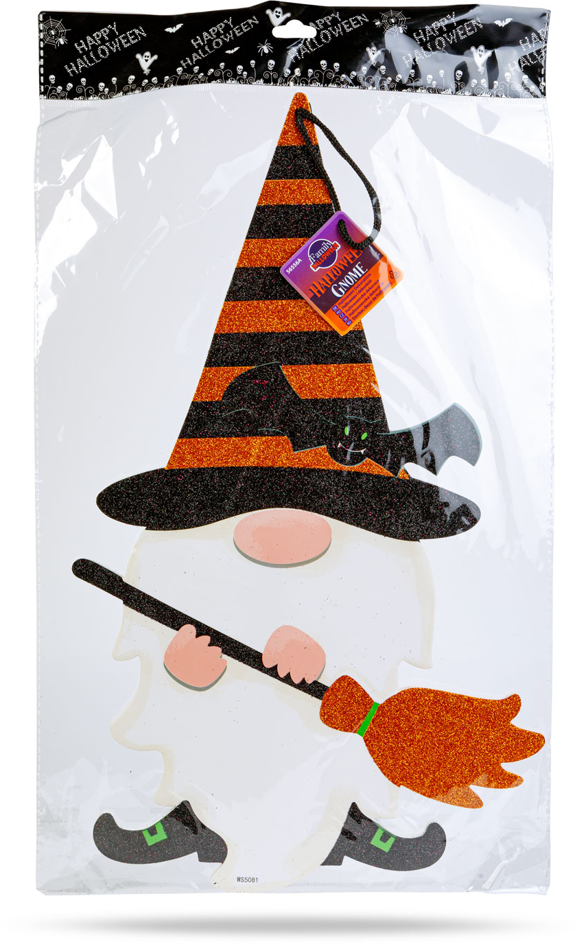 Halloween-i gnómdísz műanyag zacskóban, boszorkánykalappal és seprűvel.