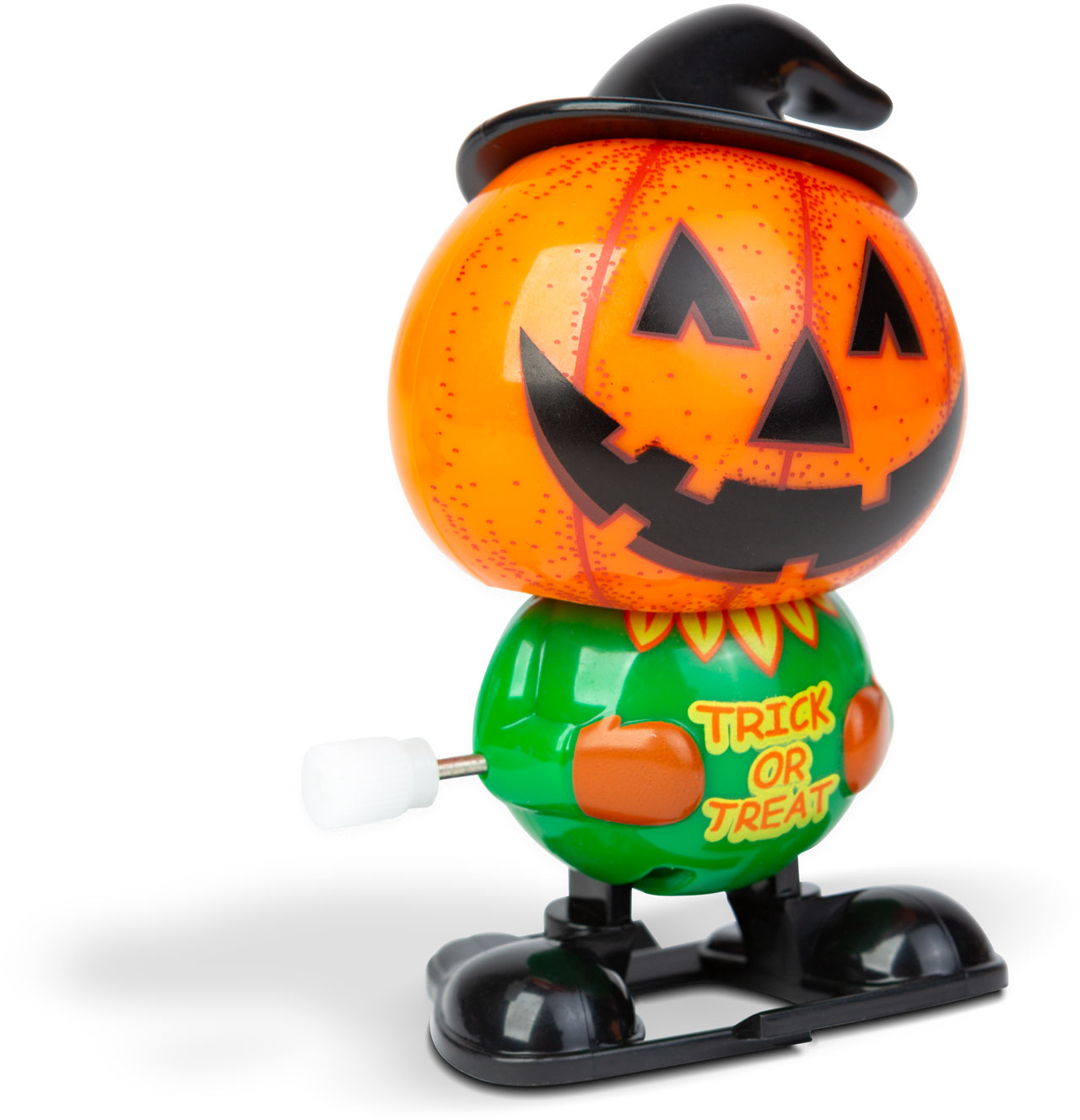 Egy Halloween játék, tökfővel és zöld testtel, ami jár.