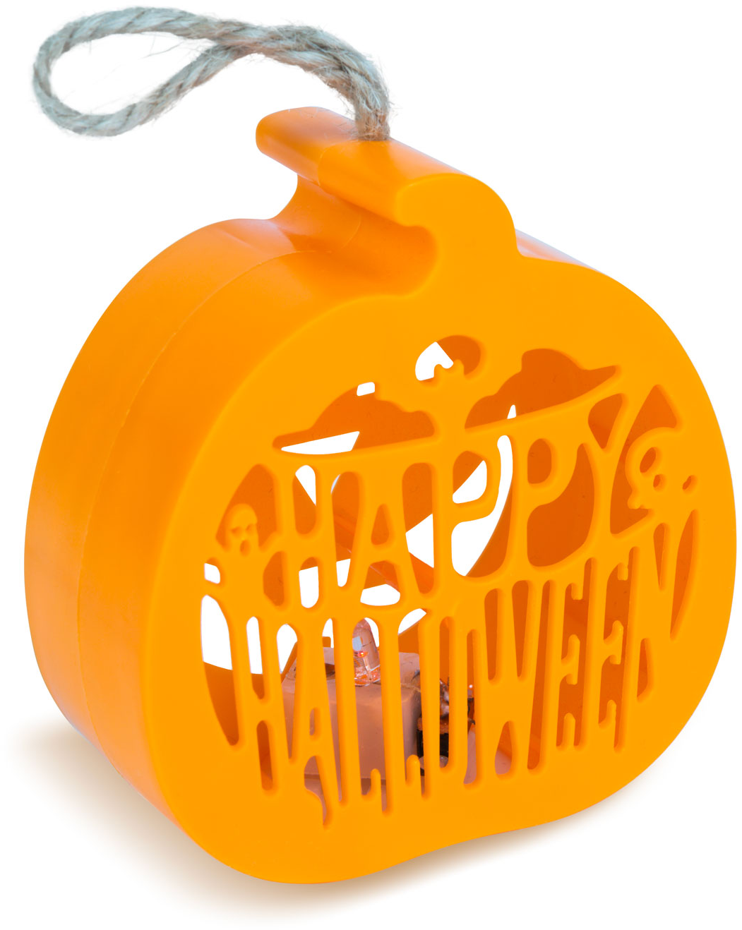 Narancssárga Halloween tök, 'HAPPY HALLOWEEN' felirattal és kötélfogantyúval.