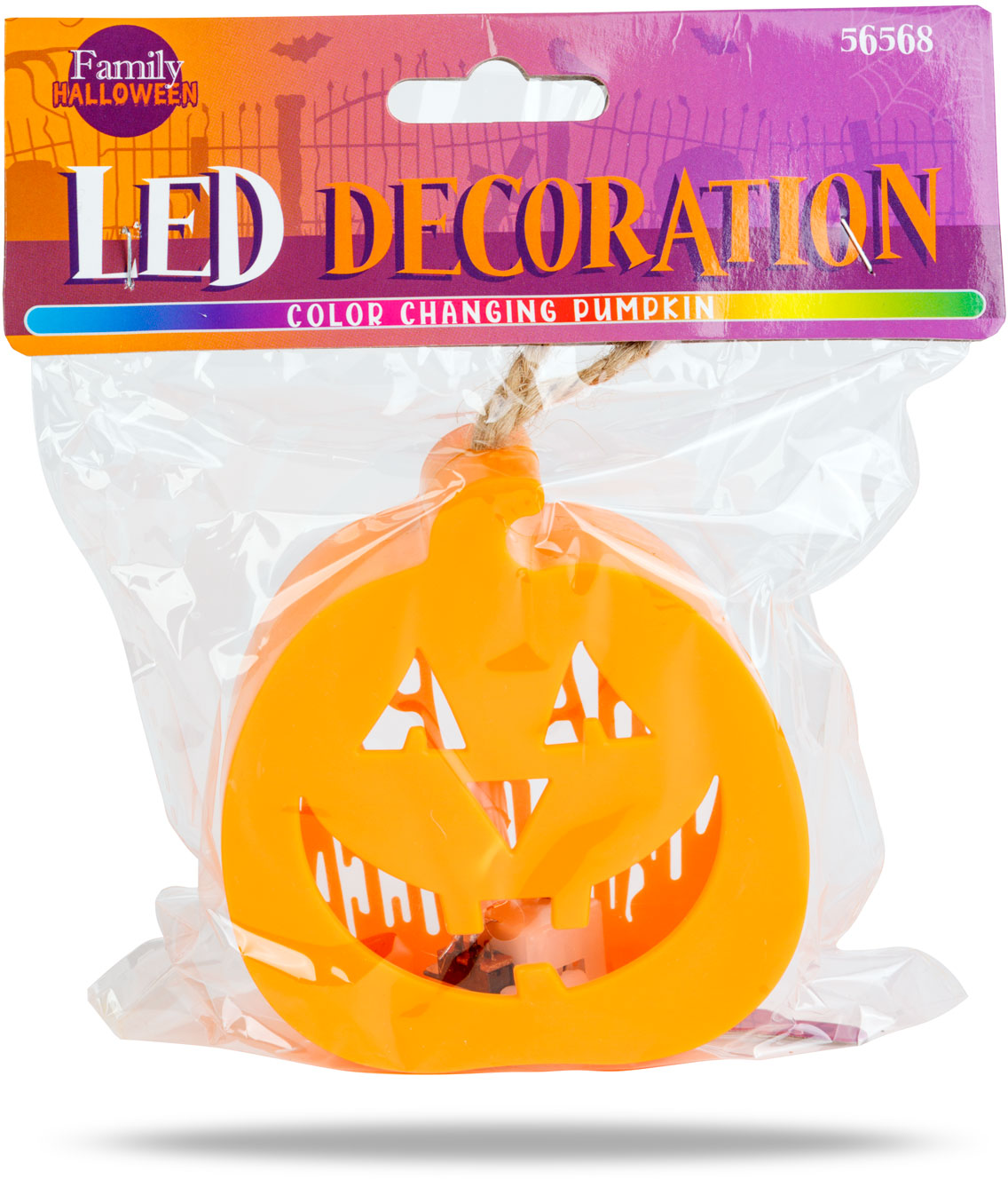 Narancssárga tök LED dekoráció átlátszó műanyag zacskóban. Halloweenre.