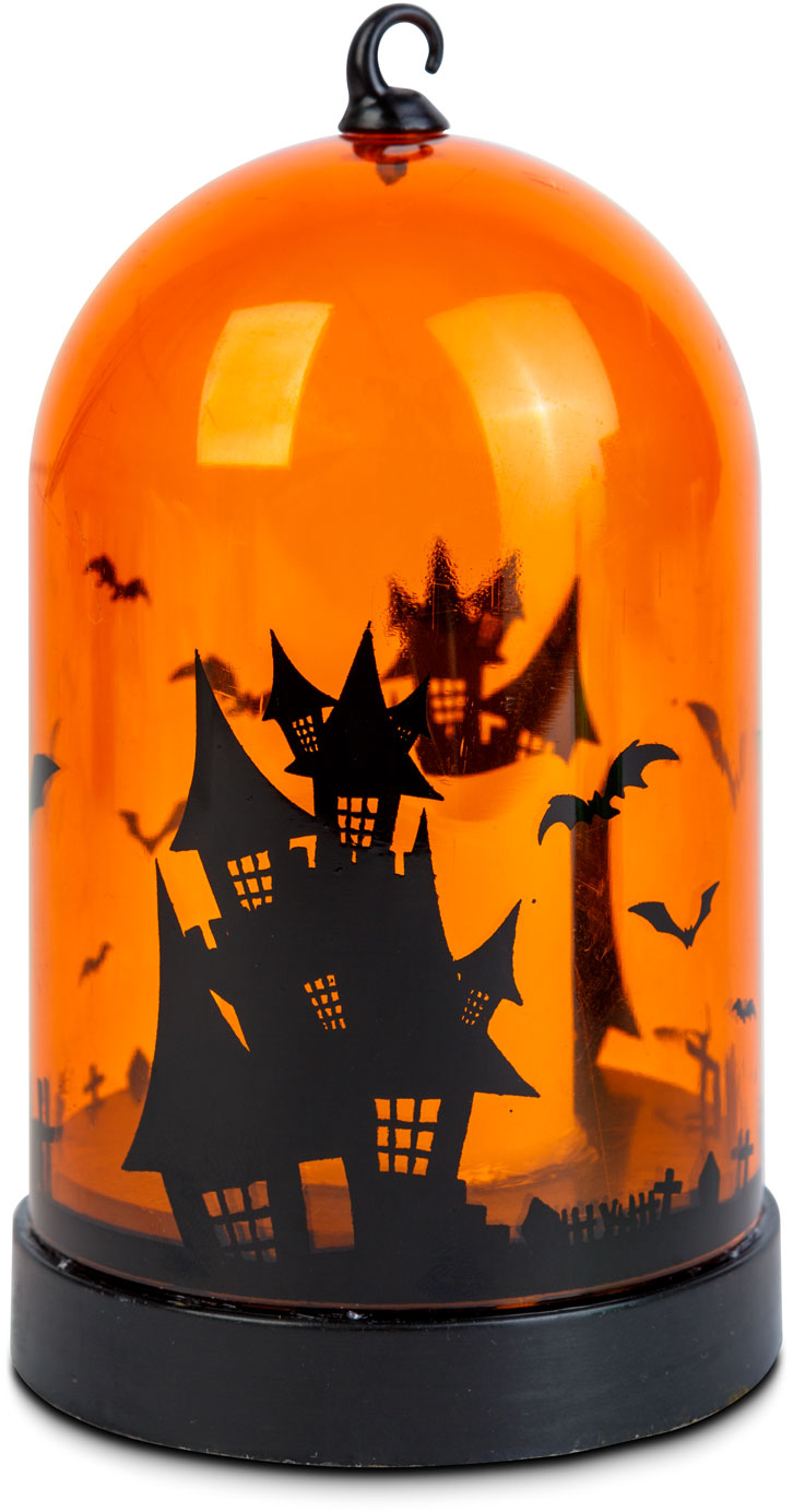 Halloween dekoráció: üvegbúra egy kísértetház sziluettjével és denevérekkel.