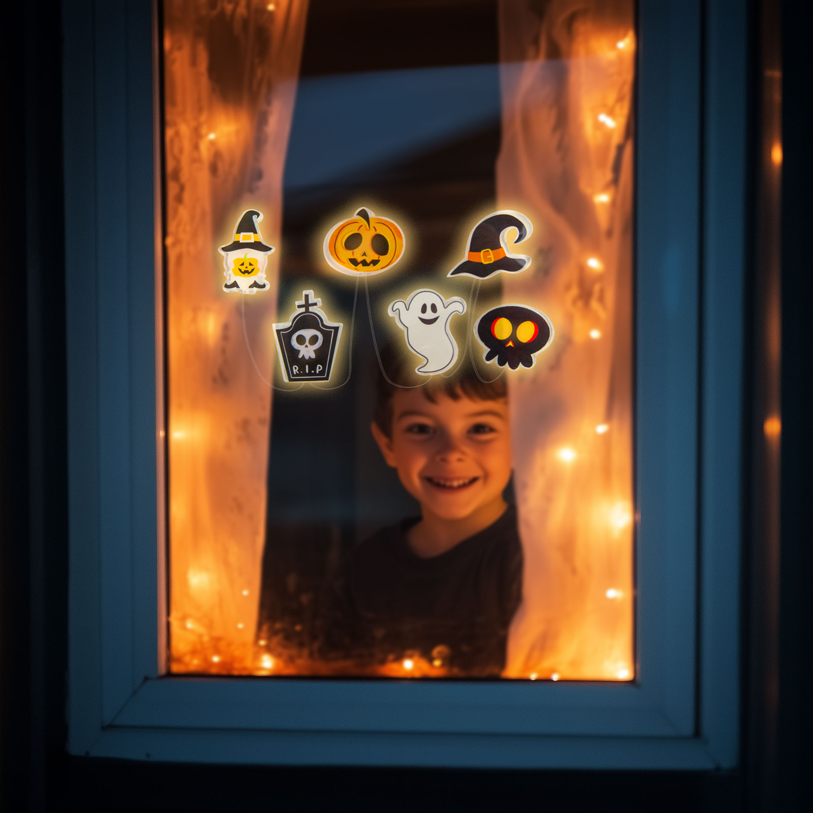 FAMILY HALLOWEEN Halloween-i LED ablakdekor, gél, többféle forma, 85 cm (58186C)