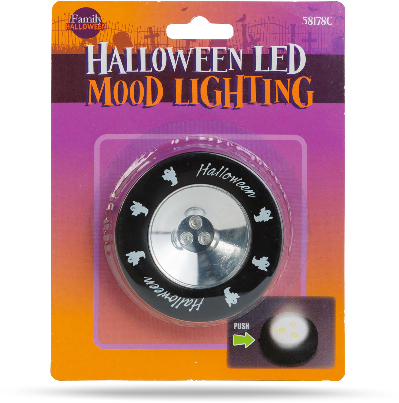 Halloween LED hangulatvilágítás csomagolása fekete és lila témával.