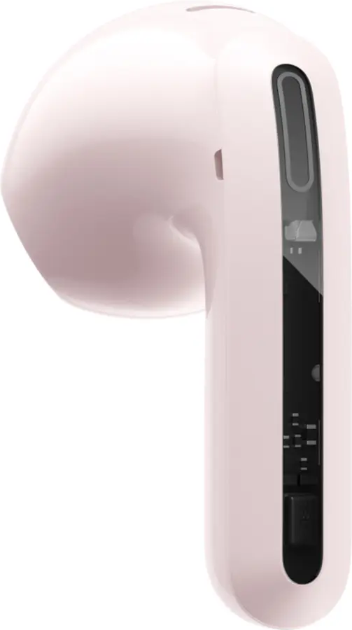 Écouteur sans fil rose. Sa tige a une section noire avec une bande transparente. Sur fond blanc.