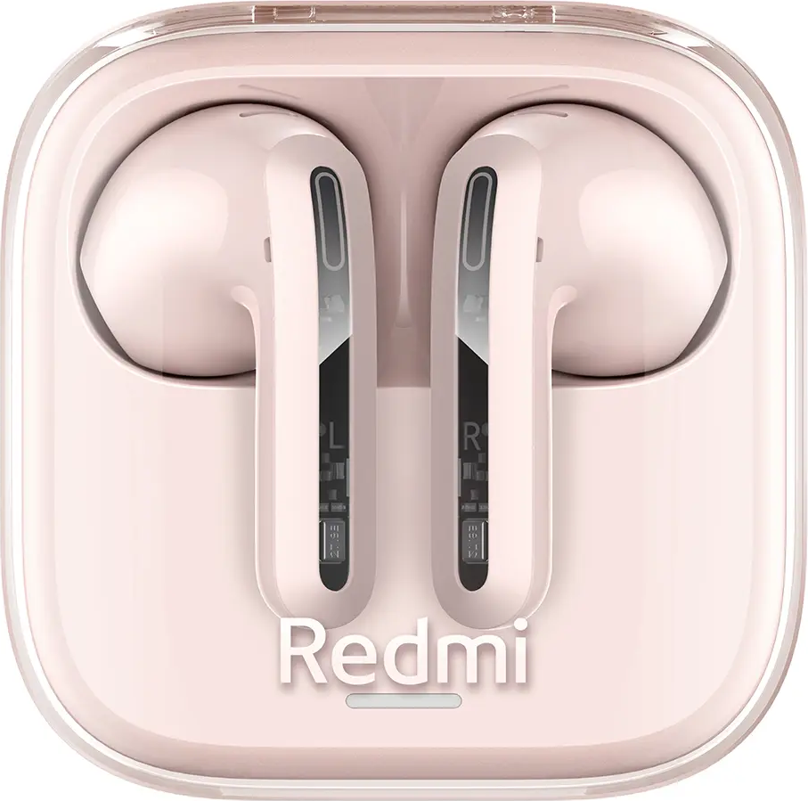Écouteurs Redmi dans un étui de chargement rose, logo Redmi visible.